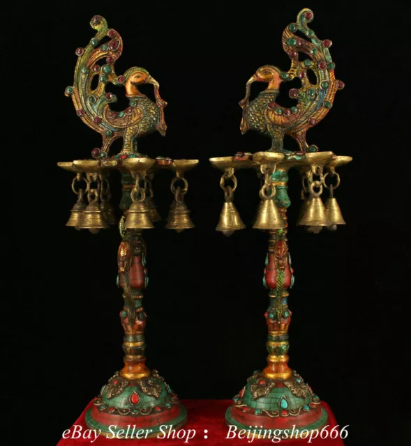 17.2" Old Tibet Tibetan Bronze Turquoise Inlay Gems Phoenix Candle stick Pair