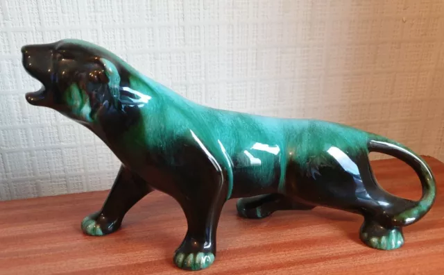 Beautiful Canadian Blue Mountain Pottery Tiger Figurine Green Glaze 10" X 5.5"