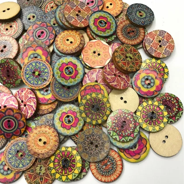 100pcs Mixed Flower Painting Round 2 Holes Wood Wooden Buttons Sewing Crafting