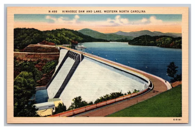Murphy NC Hiwassee Dam and Lake Aerial View North Carolina Linen Postcard
