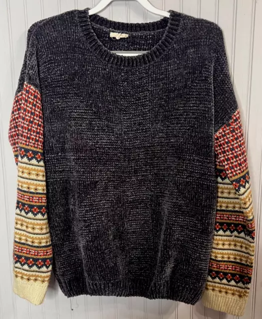 Mystic Womens SWEATER L 14 16  Black Chenille Soft Brown Boho Sleeve Oversized