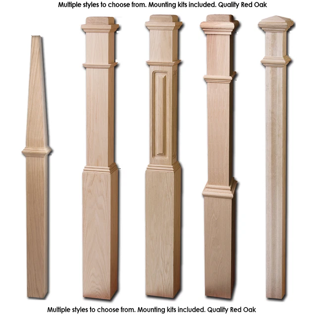 Red Oak Box Newel Posts for Stair Remodel - Free Mounting Kit Included - Cheap