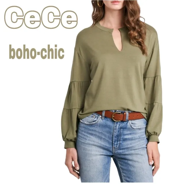 NWT CeCe Womens Blouse Olive Green Size XS Long-Sleeve Split-Neck Solid knit top