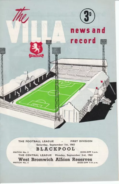 Aston Villa v Blackpool 1 September 1962 Div 1  Programme + Reserves v West Brom