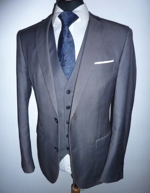 Men's Next 2 Piece Slim Fit Grey Sharkskin Suit Jacket 40 R Waistcoat 38 R