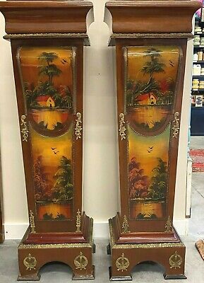 Antique French Ormolu on Wood Pedestal Plant Stands Painted Scenes Green Marble