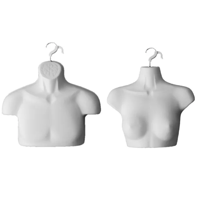 Male & Female White Chest Torso Set with 2 Hangers - Dress Body Form Mannequins