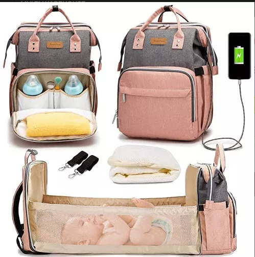 Baby Diaper Backpack with Changing Station, Travel Mommy Bag Grey Pink