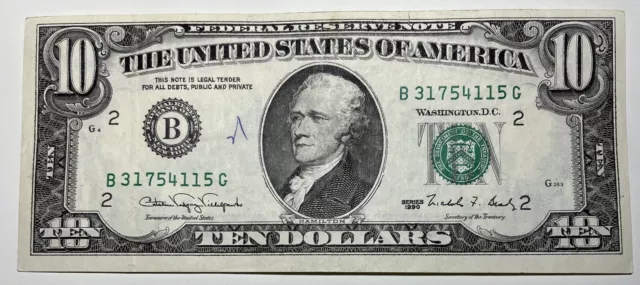 1990 $10 Ten Dollar Bill Federal Reserve Note  New York NY Vintage Old Currency