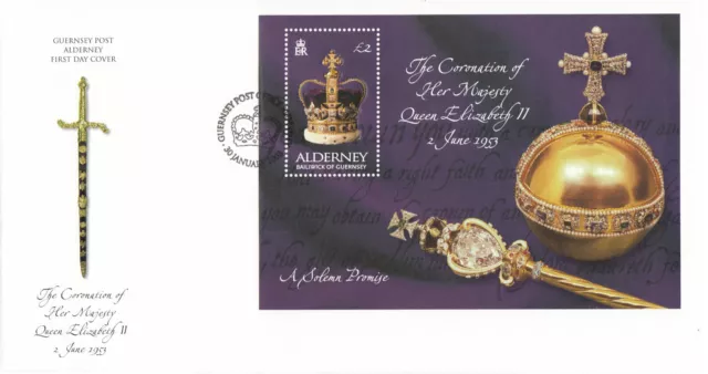 (133063) Queen Elizabeth II Coronation minisheet GB Alderney FDC 2003