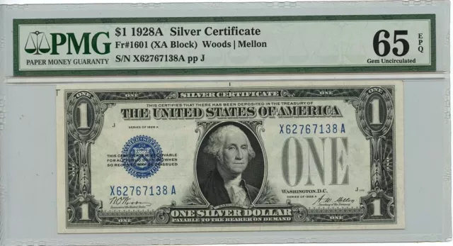 1928A $1 Silver Certificate Blue Woods Mellon Fr# 1601 PMG GEM 65 EPQ