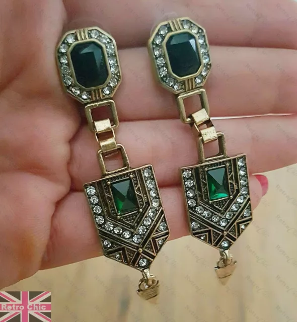 Vintage Art Deco Style Long Green Diamante Crystal Earrings Gold Tone Wedding