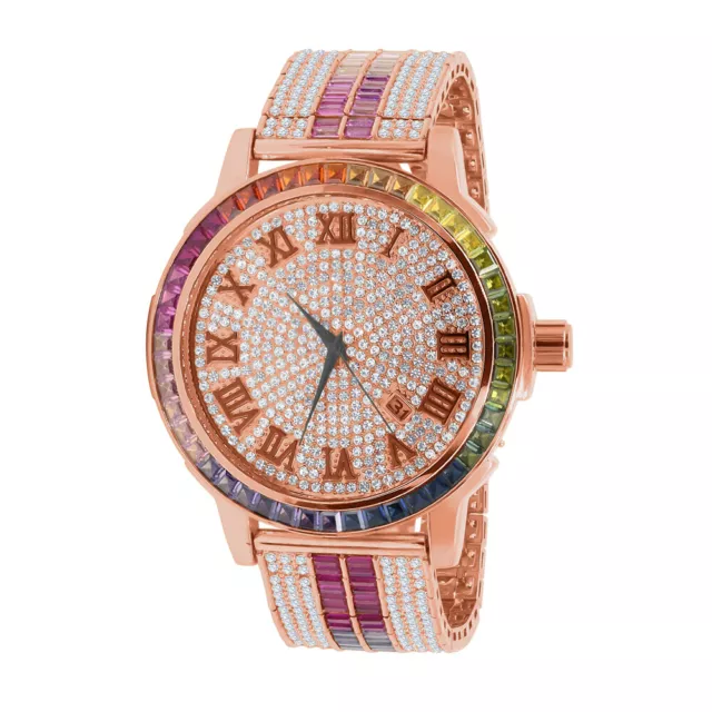 Mens Rose Gold Roman Numeral Rainbow Multi Dial Solid Steel Bezel Diamond Watch