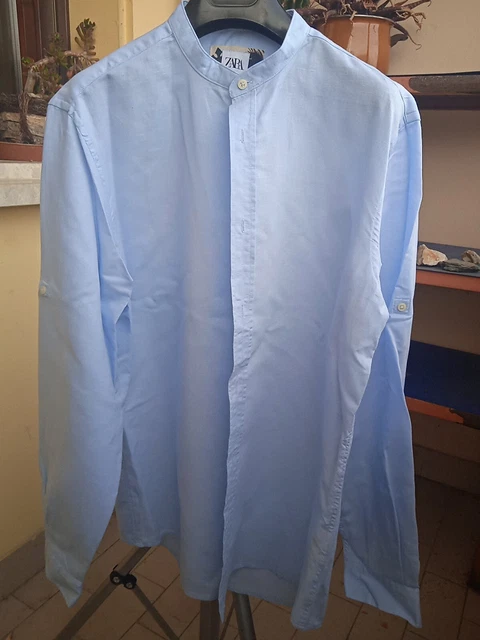 Camicia Uomo Zara Colletto Alla Coreana Tg M Misto Lino Manica Lunga