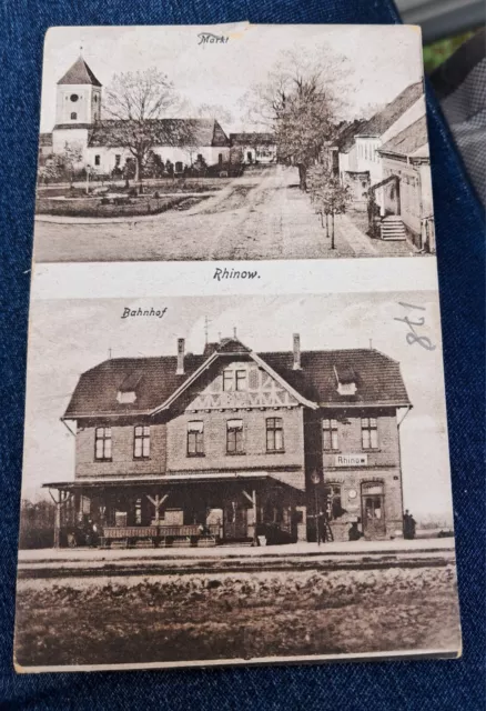 Alte Postkarte AK Rhinow Brandenburg Preußisch Bahnhof Markt Gestempelt