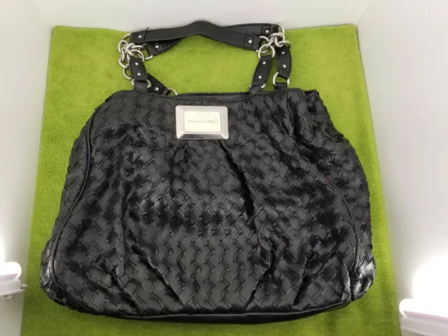 DANA BUCHMAN Black Woven Leather Purse Hand Shoulder Bag 3 Pockets Metal Accents