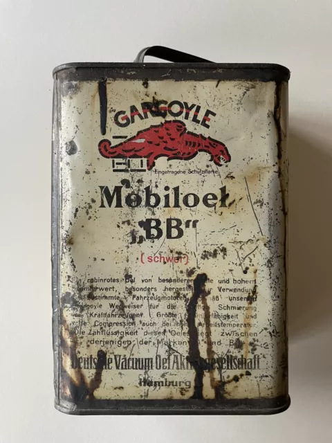 orig. GARGOYLE Mobiloel Oel Kanne Dose Blech "BB" Kanister 30er Hamburg Reklame