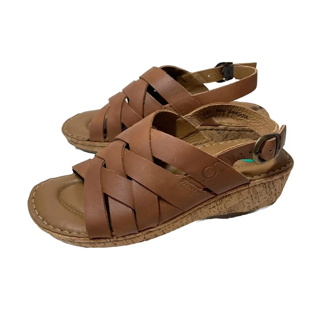 New BORN Womens Size 8/39 Laila Brown Strap Leather Cork Wedge Sandal Shoes