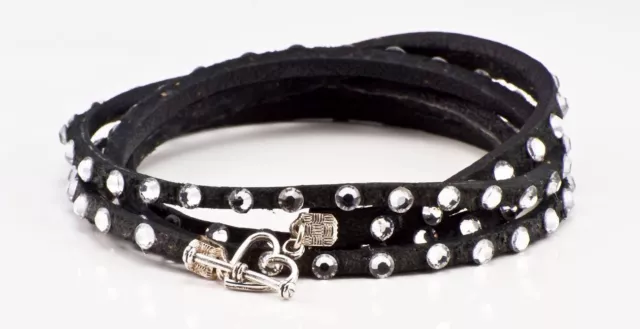 Leather Multi Wrap Bracelet In Black With Swarovski Crystals