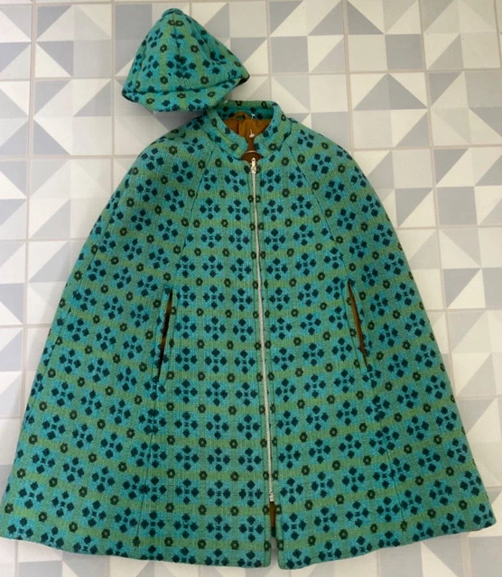Mantello e cappello foderato anteriore vintage anni '60 arazzo gallese verde e blu cerniera foderato sul davanti