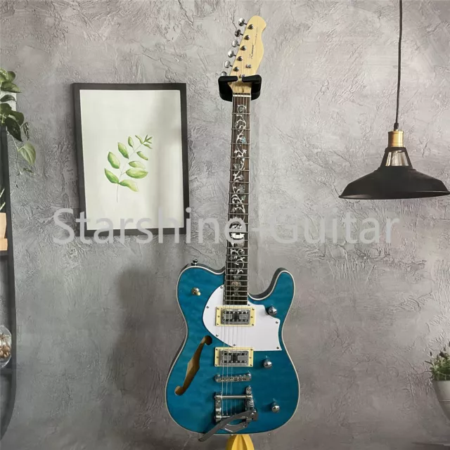 Blue TL Electric Guitar Semi Hollow Body White Pickguard Special Inlay Fast Ship