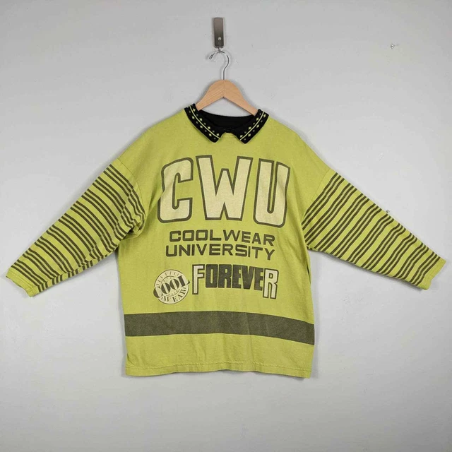 Vintage 80s 90s Cool Wear Long Sleeve Top Collar Graphic Shirt Lime Green USA