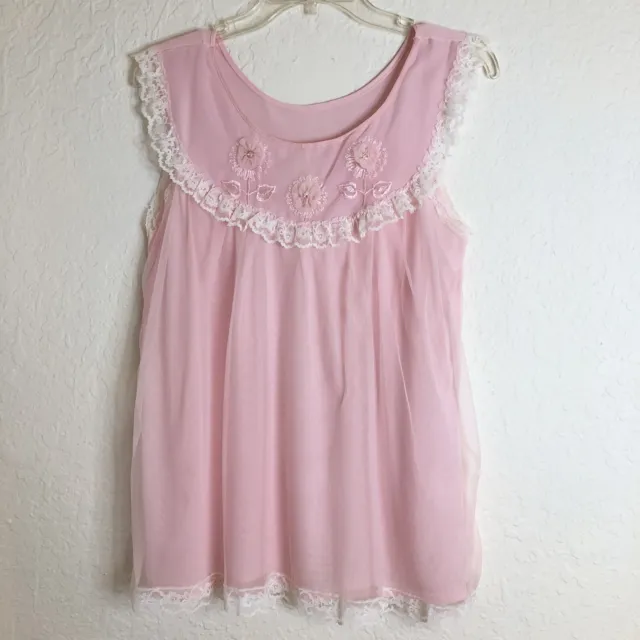 Vintage Babydoll Nightie Nightgown 1960s Size Medium Short Sheer Pink Lace Nylon
