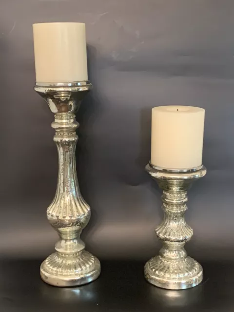 Silver Mercury Glass Style with Rhinestones Pillar Candle Holders Set of 2