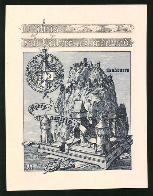 Exlibris Jan Freiherr von Wendelstadt, Burg auf einem Berg, Wappen mit Fisch un