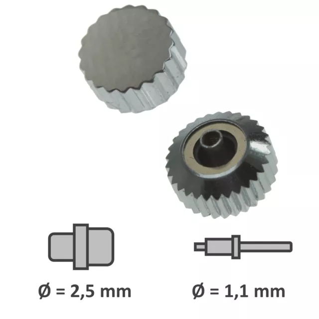 Wasserdichte Kronen mit Dichtung verchromt Gewinde 1,1 mm Tubus 2,5 mm