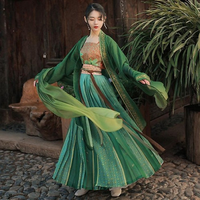 4PCS Song Dynasty Hanfu Green Pleated Skirt Chinese Hanfu Cosplay Folk Costume