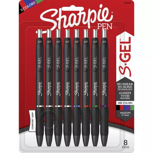 8 x Sharpie S·Gel Retractable Gel Pen 0.7mm Medium Black Blue Red Green Purple