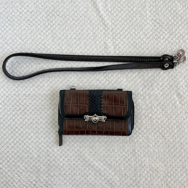 BRIGHTON Crossbody Organizer Bag Croc Brown Blk Leather Slim Purse Wallet Clutch