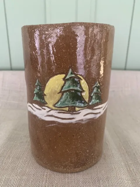 Vintage Mission Style Arts & Crafts Pottery Vase Scenic Trees and Sun
