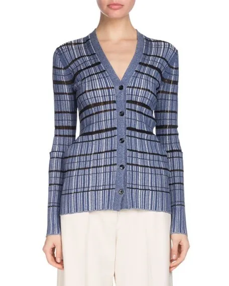 Proenza Schouler Women's Blue Black Striped Rib Collared Cardigan Sweater Size L