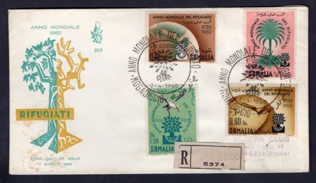 Cubierta FDC de Somalia 1960. Año Mundial del Refugiado. Registrado en Italia