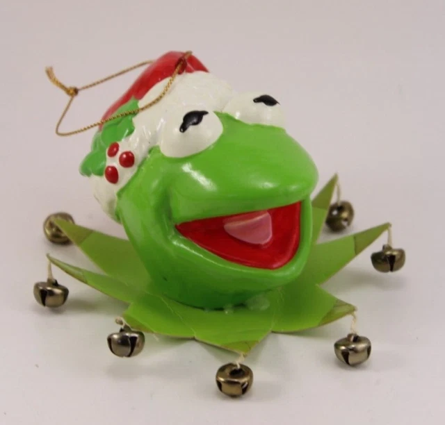 VINTAGE KERMIT THE Frog Paper Mache Head Ornament Santa Hat Henson