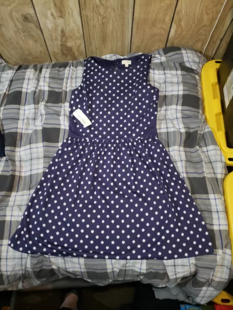 Maison Jules Size L Navy Blue White Polka Dot Print Sleeveless Knee Length Dress