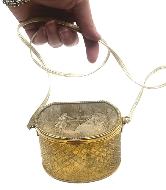 VTG ROSENFELD ITALY Embossed Gold Metal Flip Top PURSE Bag Victorian Scene RARE! VTG ROSENFELD ITALY Embossed Gold Metal Flip Top PURSE Bag Victorian Scene RARE!