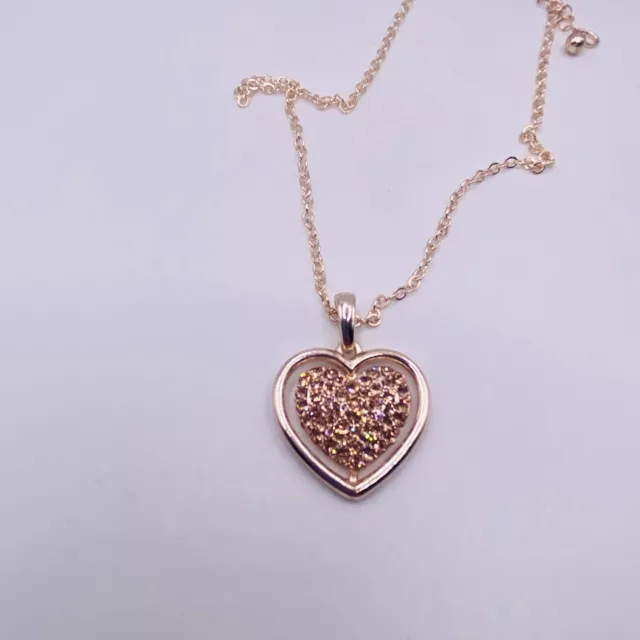 Laura Ashley Rose Goldtone Rhinestone Heart Pendant Necklace 16” New 2