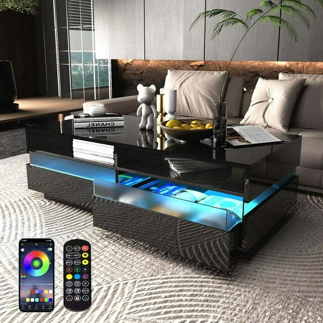 Changing LED  High Glossy Coffee Table,  with Display Shelf & 2 Storage Drawers