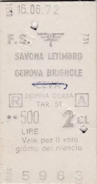 Biglietto Del Treno Cartonato 1972 Savona Letimbro Genova Brignole 8-181