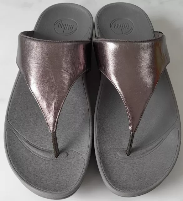 Fitflop Lulu 8/42 Grey Pewter Leather Flip Flops Barely Worn Free P&P