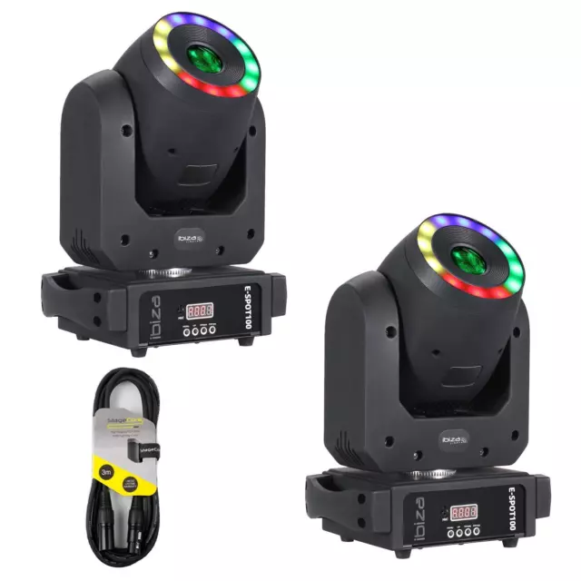 2 x Ibiza E-SPOT100 100W LED Spot Moving Head mit RGB Ring mit DMX Kabel