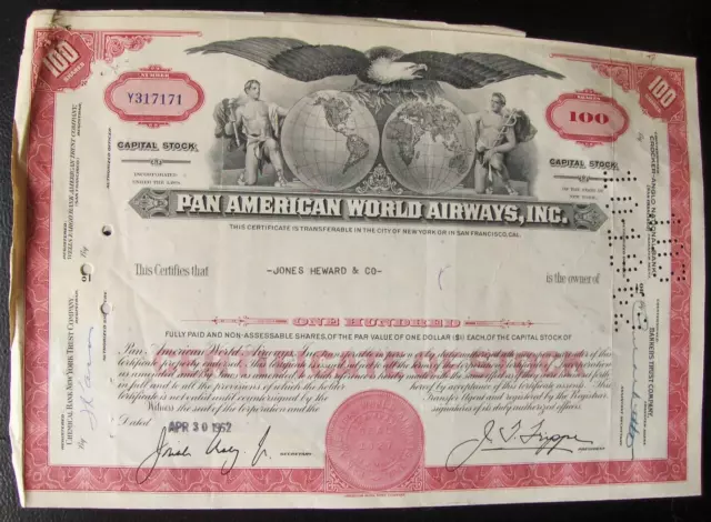 Pan American World Airways stock certificate with attached document + $4 stamps