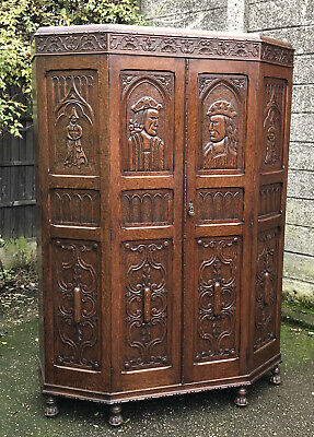 Superb Rare Carved  Arts & Crafts Solid Oak 2 Door  Hall Wardrobe 2 Man Delivery 2