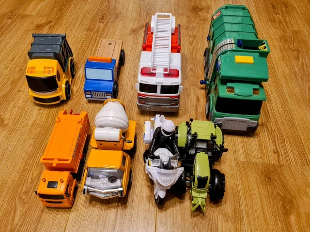 Job Lot x 8 Large Toy Vehicles, Trucks Bike Cement Mixer Fire Engine Tractor