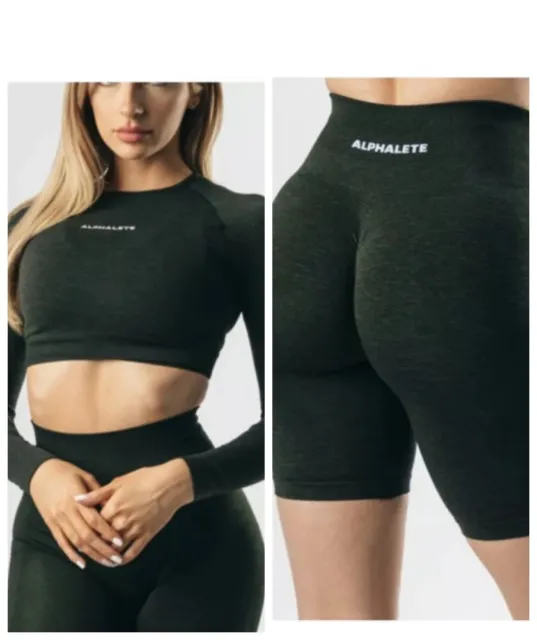 ALPHALETE AMPLIFY BIKER Shorts AND Long Sleeve Crop Top - Evergreen - XS -  NWT! £123.28 - PicClick UK