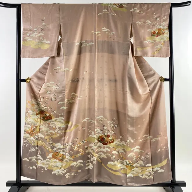 Japanese Silk Kimono Houmongi Gold Thread Foil Pine Bamboo Plum Tree Pink 62"