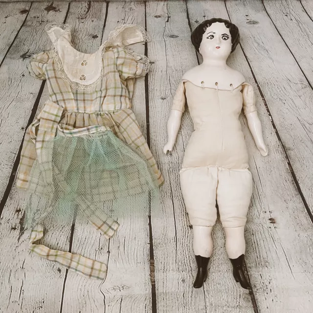 18” Reproduction Porcelain Bisque CHINA Head Arms Leg DOLL Vtg Cloth Body Outfit 6